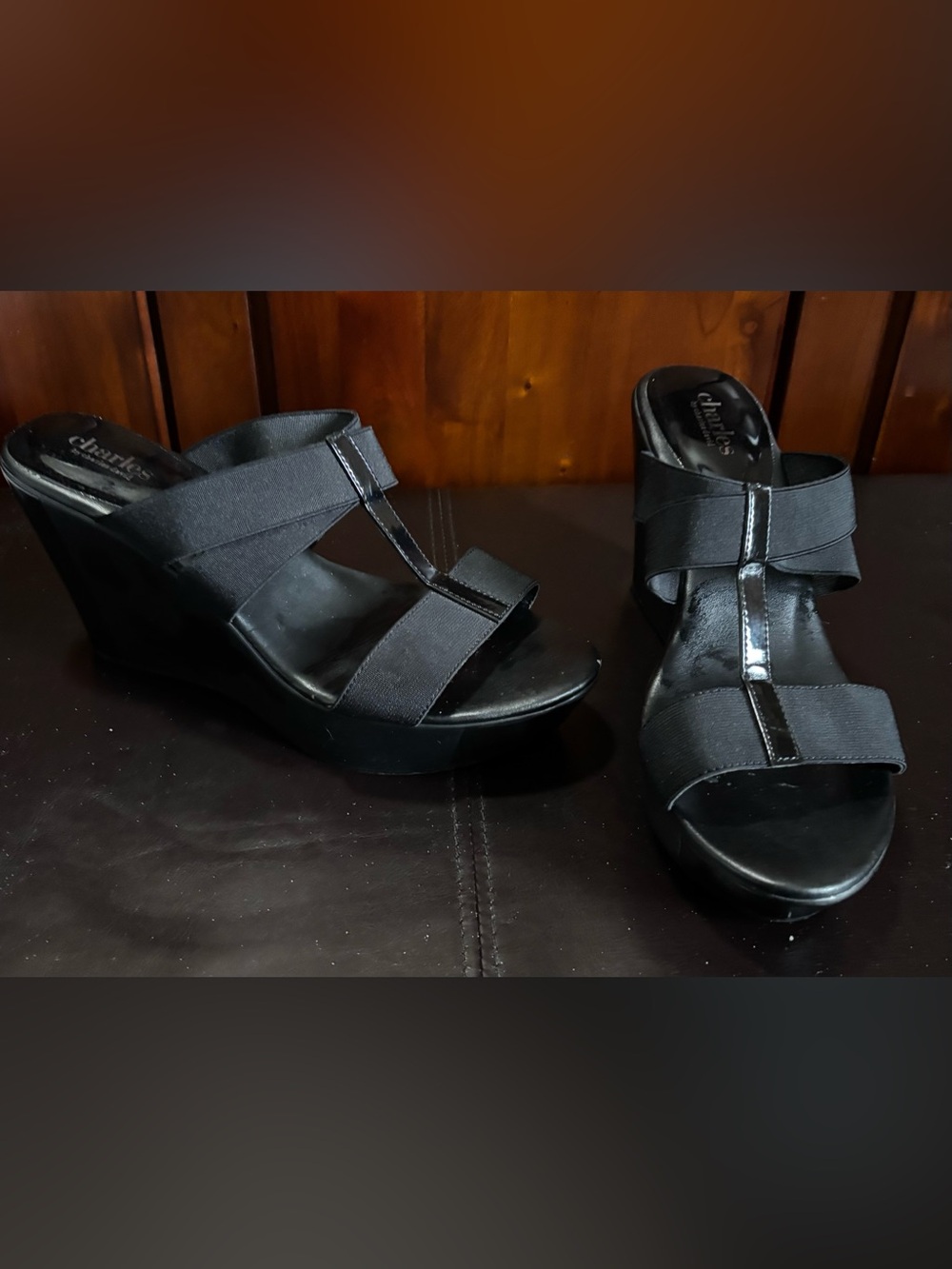 Black Wedge Sandals - Comfort Stretch Straps Size 9